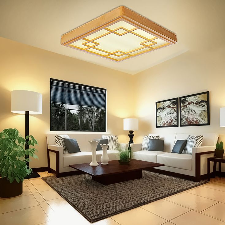 Wood Flush Mount Lighting Minimalism Square Ceiling Light Fixture for Living Room