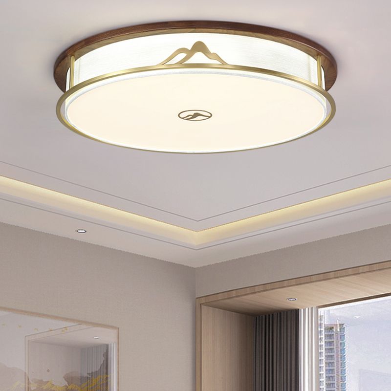 Modern Wood Flush Mount Geometric Shape Ceiling Light with Fabric Shade for Living Room