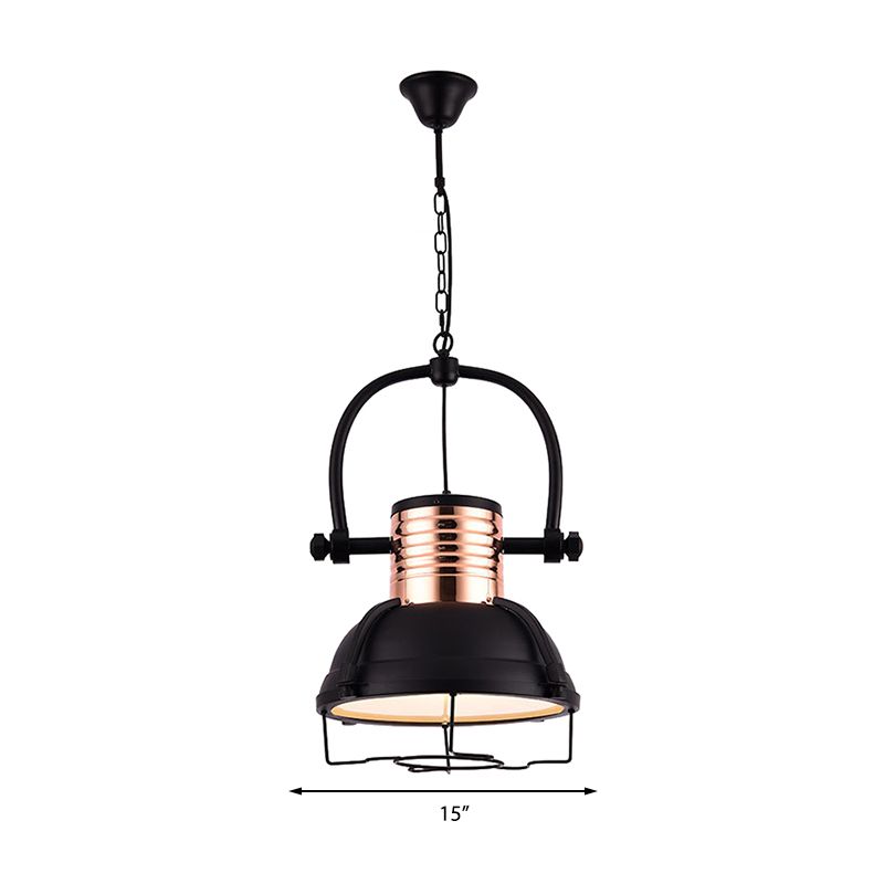 Matte Black 1 Light Pendant Light Industrial Metallic Dome Shade Ceiling Fixture with Glass Diffuser and Wire Cage