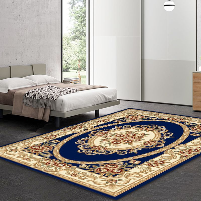 Blue and Beige Retro Rug Polyester Floral Pattern Area Rug Washable Pet Friendly Anti-Slip Backing Indoor Rug for Sitting Room