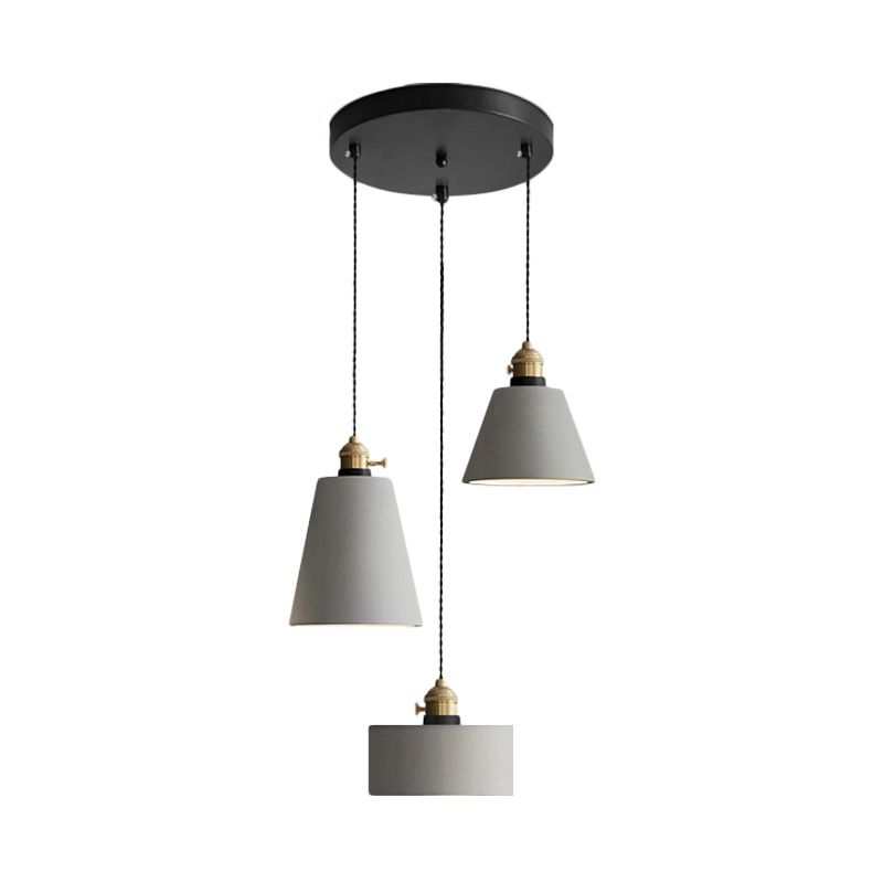 Industrial Geometric Multi Pendant 3 Lights Cement Hanging Ceiling Lamp in Grey with Round Canopy