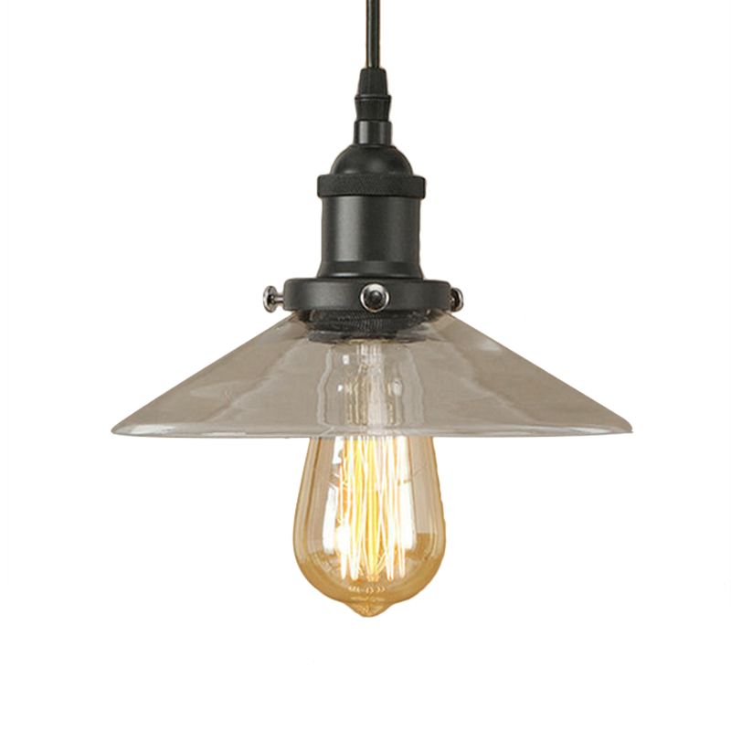 1 Light Clear Glass Pendant Lamp Industrial Black/Rust/Copper Cone Living Room Hanging Light Fixture