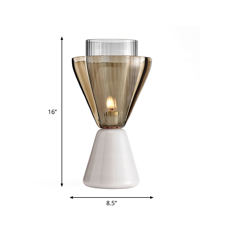 Amber and Smoke Glass Hourglass Night Lamp Post-Modern 1 Bulb White Table Light with Marble Base