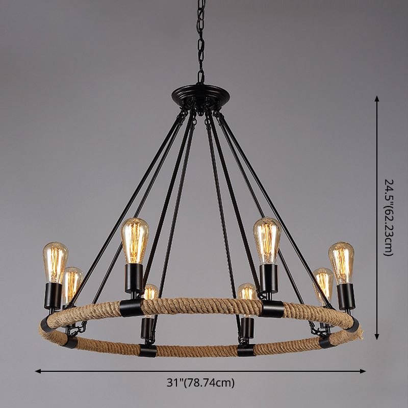 Black Metal Iron Frame Chandelier Retro Industrial Rope Circular Suspension Light for Dining Room Table