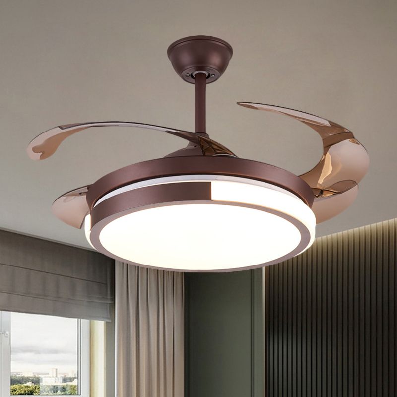 Modernist Round Hanging Fan Light Metallic Living Room LED Semi Flush Mount in Brown/White/Gold with 4 Blades, 42" Wide