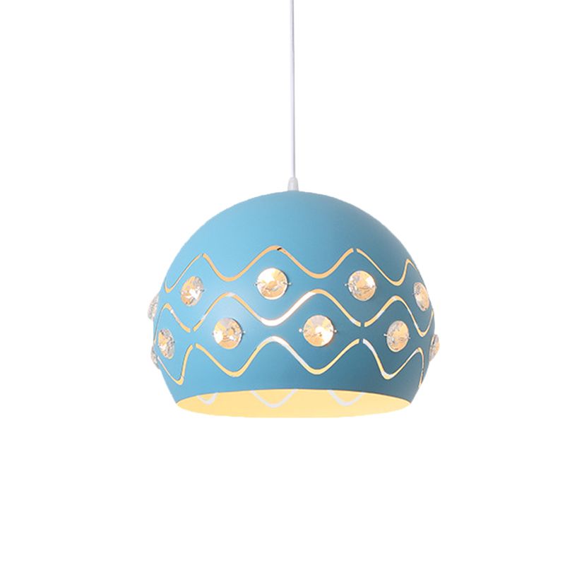 Ausschnitte Dome Shade Drop Anhänger Makkaron Eisen 1-Licht rosa/blau/grüne Federung Lampe mit eingebettetem Kristalldekoration