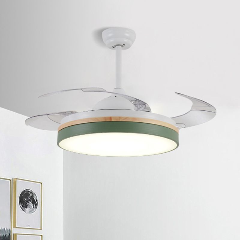 43" W Round Dining Room Hanging Fan Light Fixture Acrylic LED Nordic Semi Flush Lamp with 3-Blade and Remote