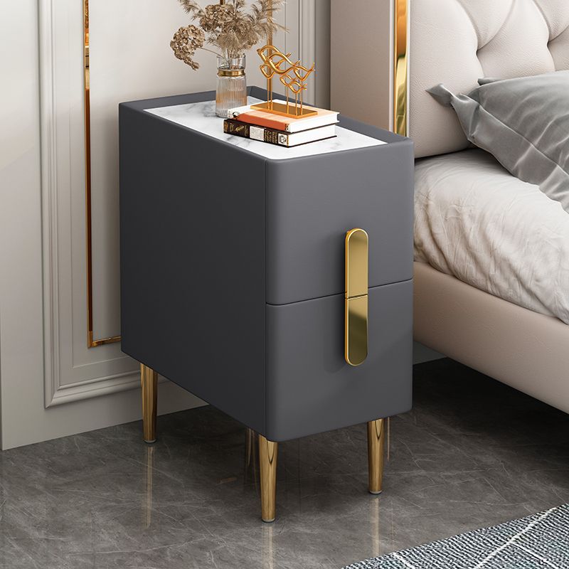 Stone Top Nightstand with 4 Legs Glam Leather Night Table with Drawers