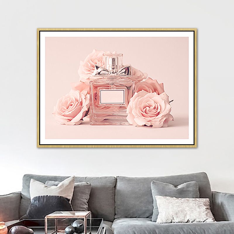 Pink Floral Perfume Canvas Print Photography Glam Style Textured Painting for Bedroom