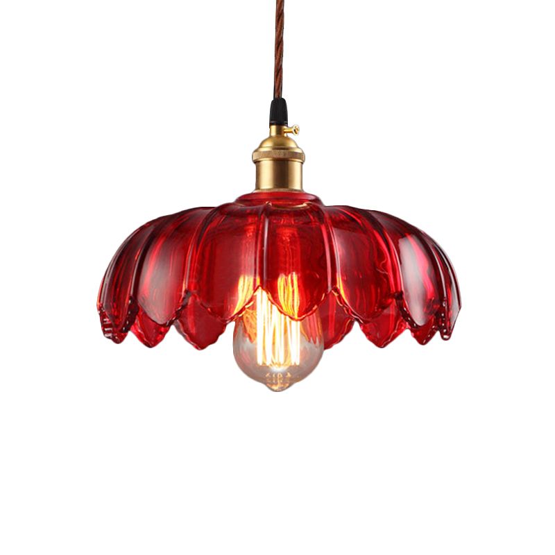 Scalloped Pendant Lamp Industrial 1 Light Red Glass Hanging Ceiling Light for Living Room, 8"/10"/12" Wide