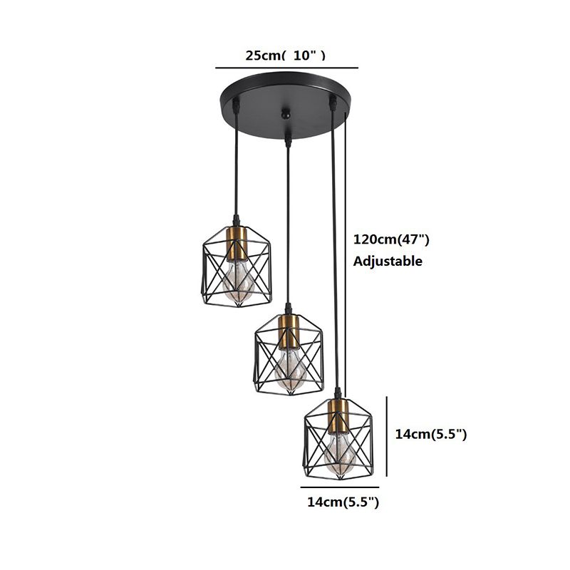 3 têtes Cluster Pendant Loft Hexagonal Cage Shade Metal plafond Hang Light for Dining Room