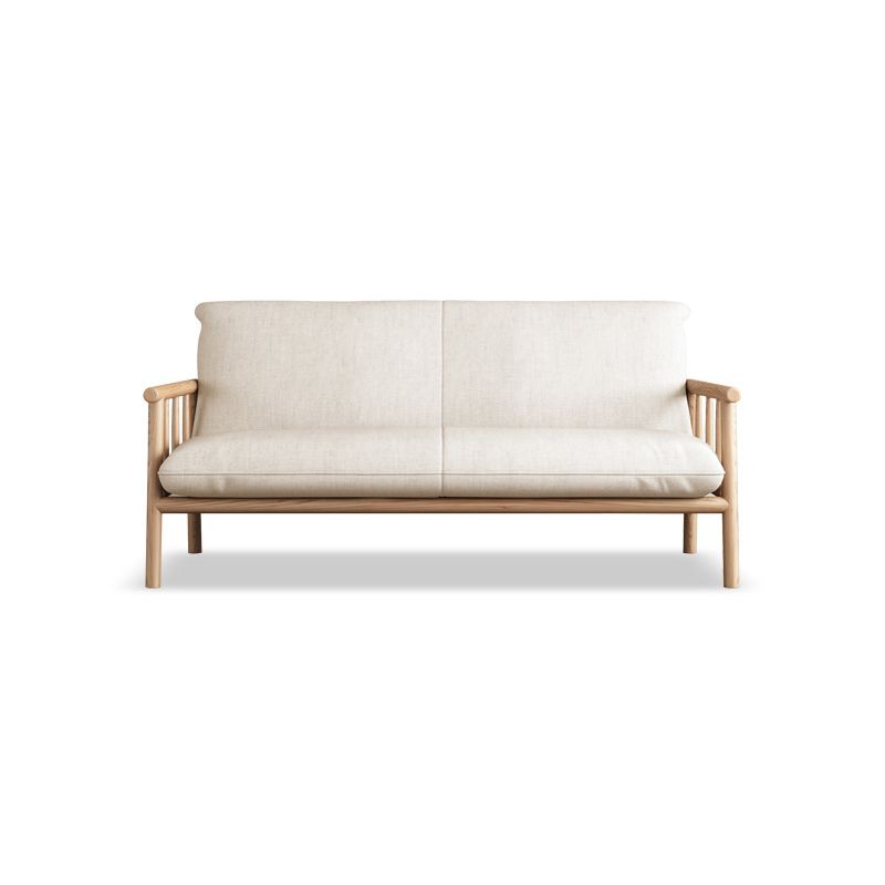 Linen Beige Upholstered Sofa Square Arm Settee with Wooden Legs for Apartment