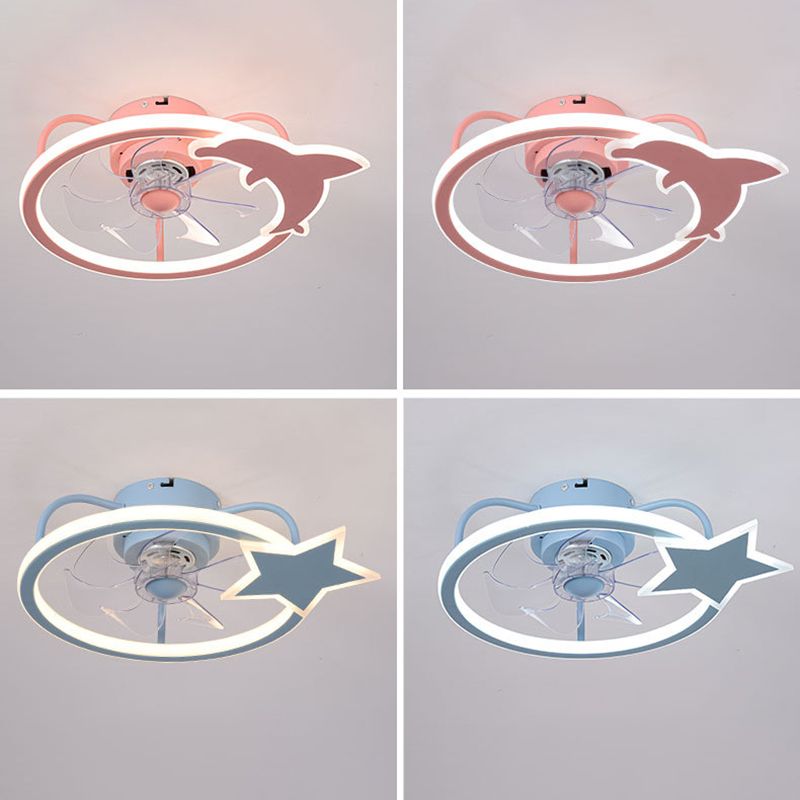 Cartoon LED Semi Flush Lamp Circular Ceiling Fan Light with Acrylic Shade for Child Room