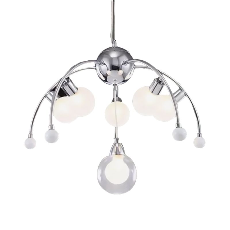 Chrome Bubble Chandelier Lighting Modernist 6/9 Lights White Glass Led Ceiling Fixture with Curved Arm