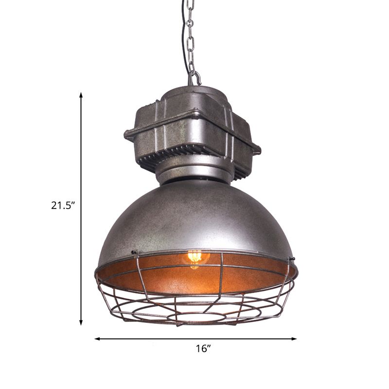 Gealtert Silver Bowl Decke Anhänger Industriestil Iron 1 Light Restaurant Droplampe mit Drahtschutz