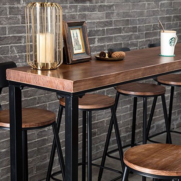 Rectangle Pine Wood Top Bar Table in Brown Modern Bistro Table with Black Trestle Base