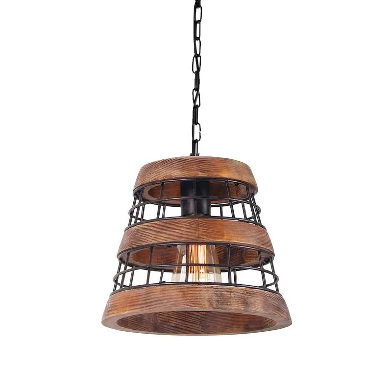 Tapered Kitchen Pendant Light Rural Metal 1 Head Dark Wood Suspended Lighting Fixture with Wire Guard