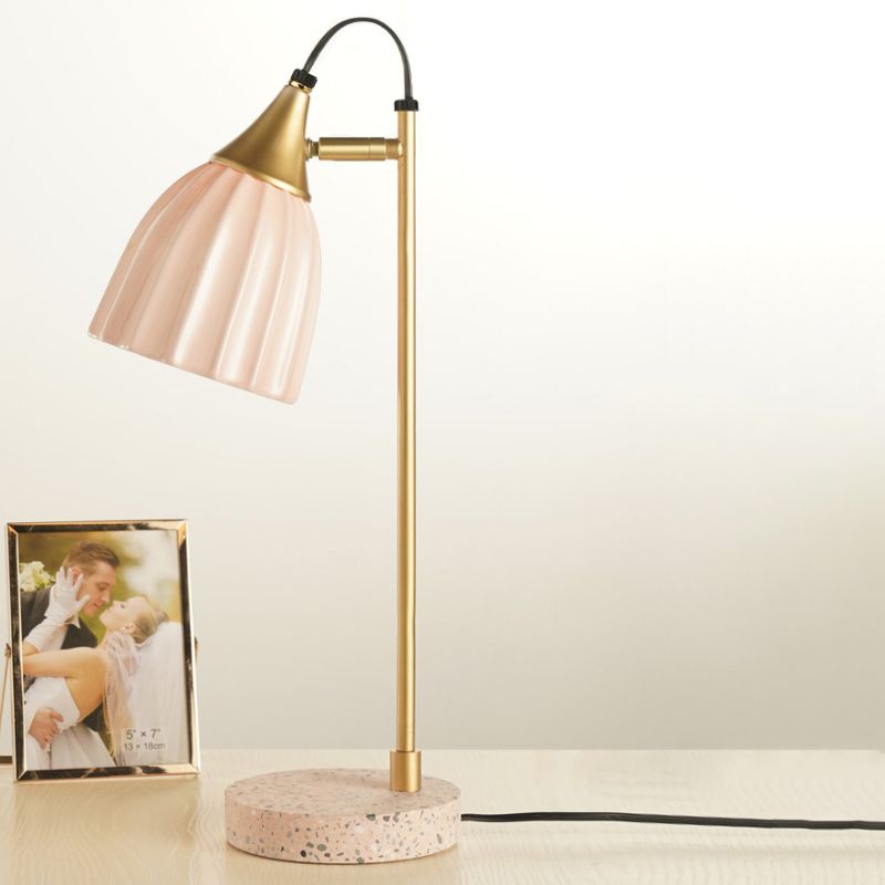 Pink/Sky Blue Ribbed Domed Table Light Modernism 1 Head Ceramics Desk Lamp with Gold Arm and Marble Base