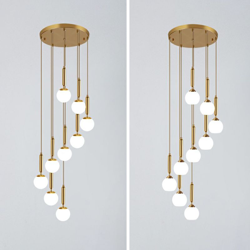 Minimalist Ball Pendant Lighting White Glass Stairway Multi Hanging Light Fixture in Gold