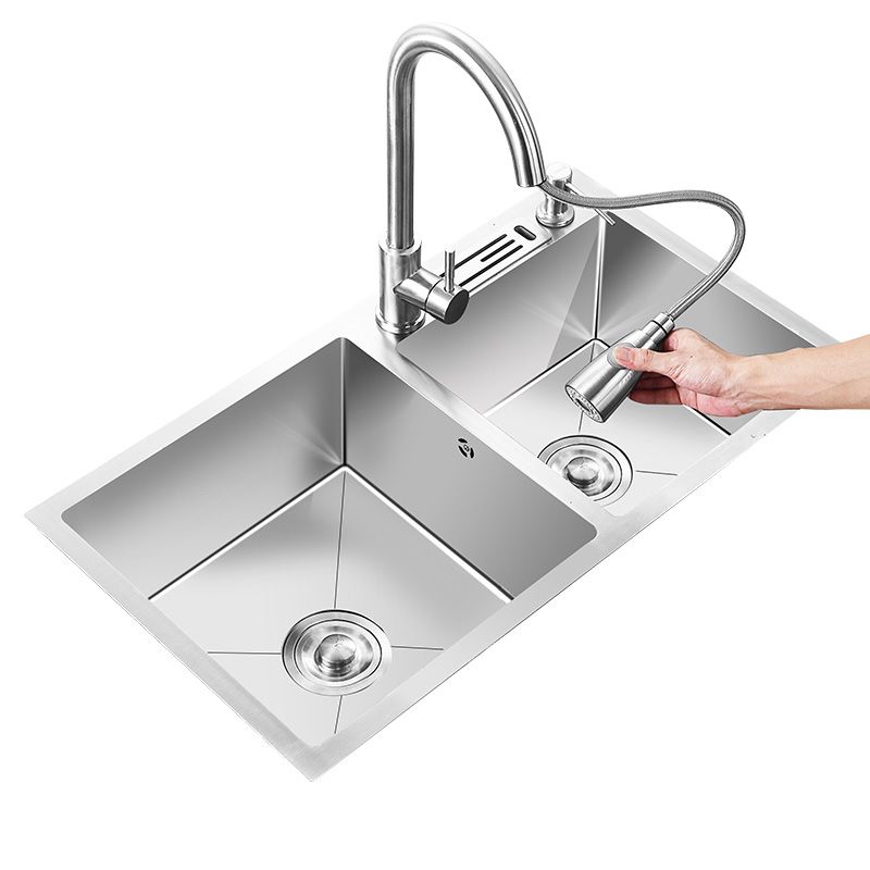 Double Basin Kitchen Sink with Basket Strainer 2 Holes Contemporary Sink