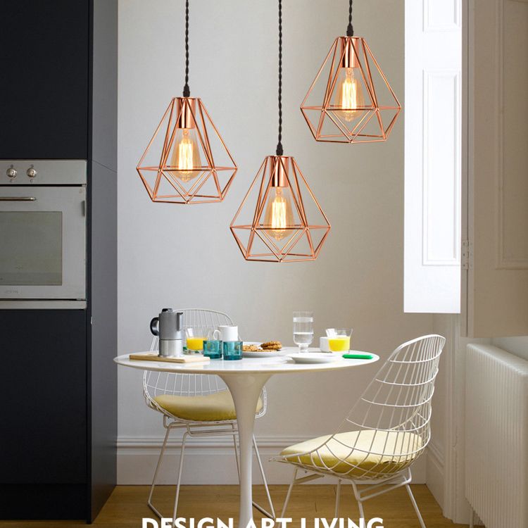 Diamond Cage Hanging Ceiling Light Simple Metal Dinning Room Pendant Lighting in Copper