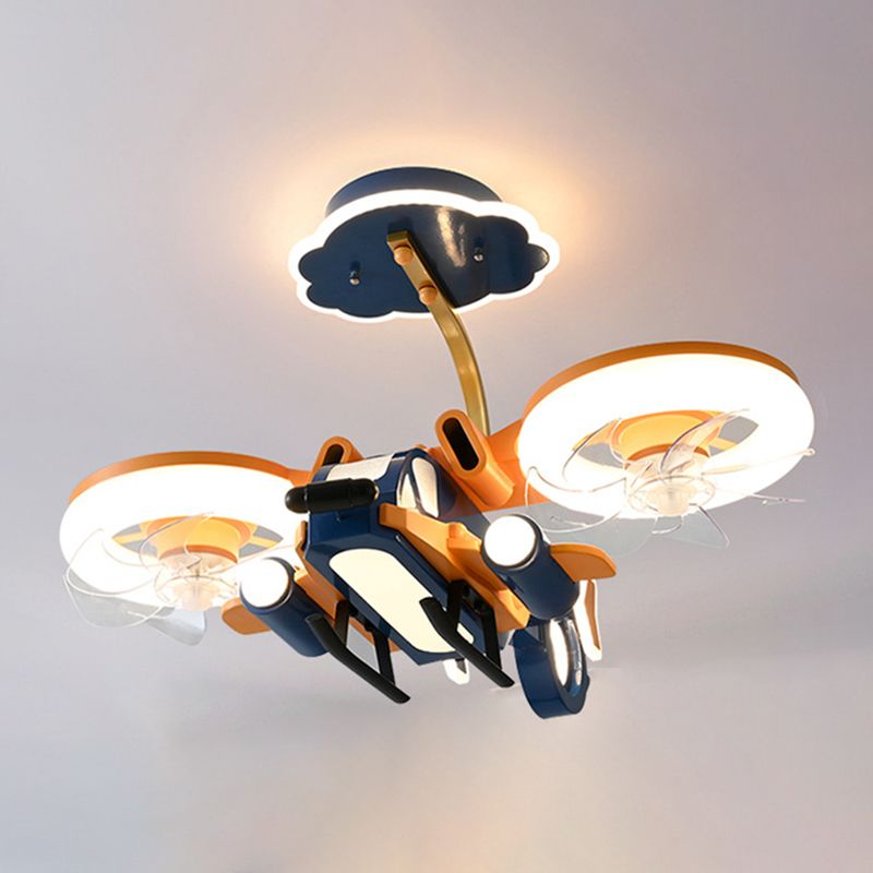 Kids LED Ceiling Fan Lamp Airplane Metal Fan Lighting in Blue and Orange for Bedroom