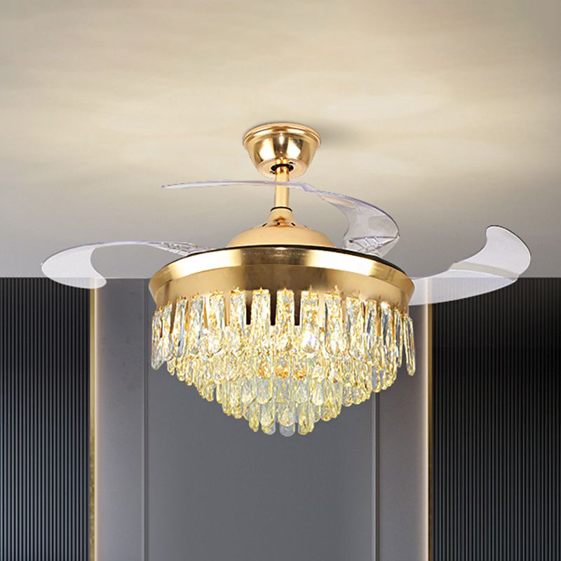 Cascading Ceiling Fan Lighting Simple Crystal Rectangle Great Room 19" W LED Semi Flush in Gold with 4-Blade