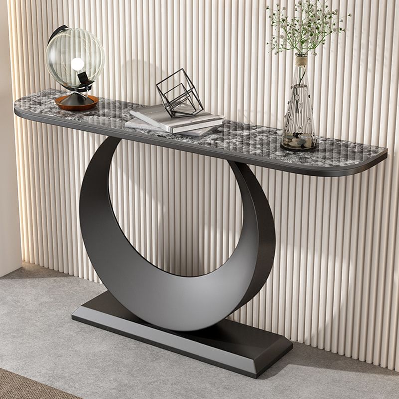 Half Moon Stone Console Table with Iron Pedestal Base Accent Table