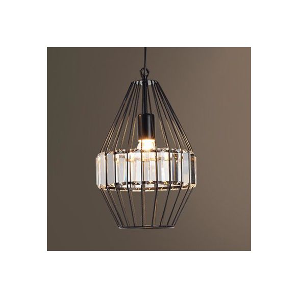 Crystal Block Pendant Ceiling Light Black Geometric Metal Cage Pendant Light