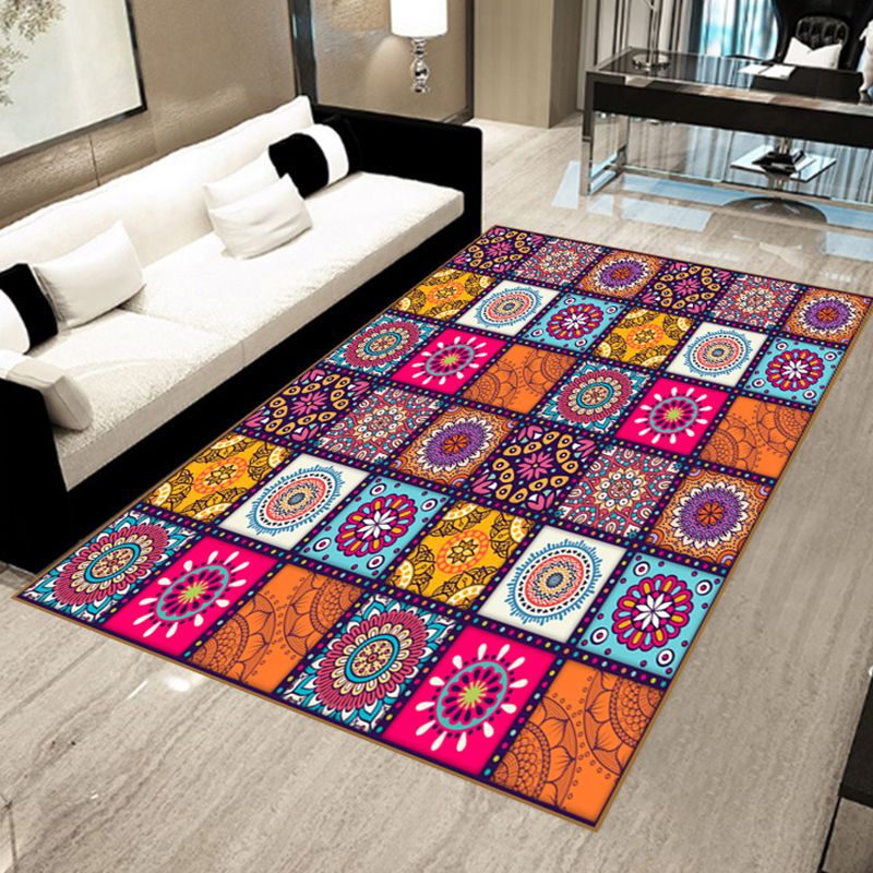 Bohemian Mosaic Tile Print Rug Multicolored Polypropylene Rug Stain Resistant Washable Non-Slip Backing Rug for Home Decoration