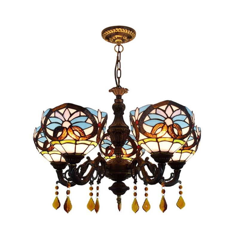 5 têtes bol légère suspendue Tiffany Style Tachage Verre Lumière avec cristal en bleu pour le salon