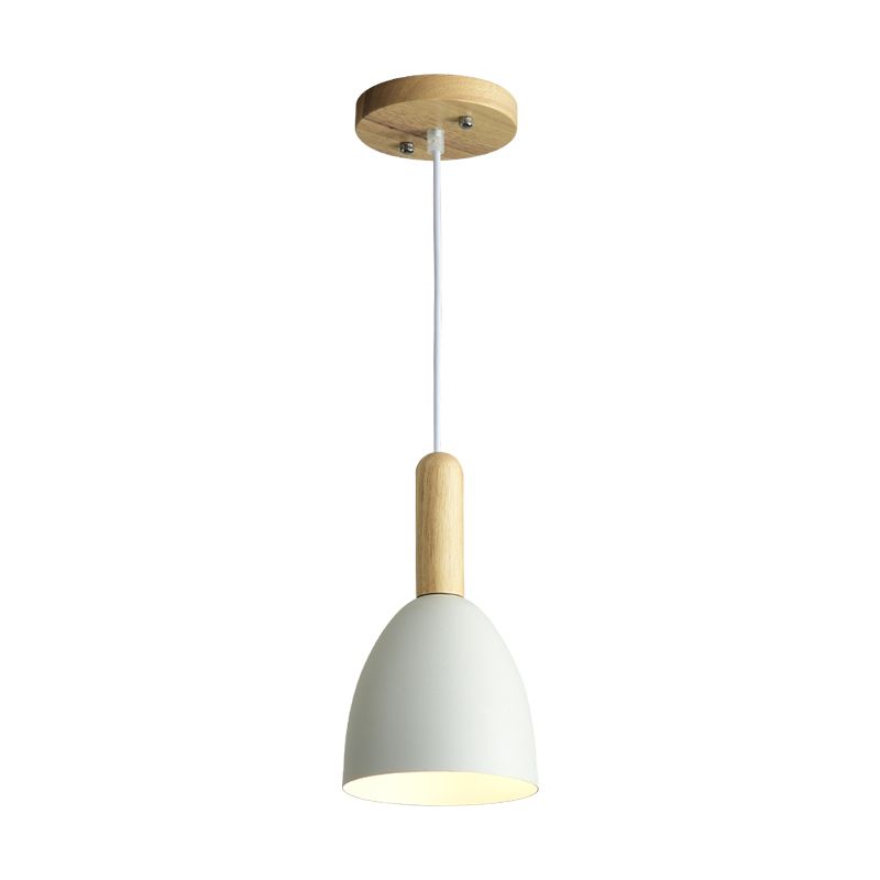 Metallic Bell Hanging Light Macaron 1-Head Down Lighting Pendant with Wooden Handle