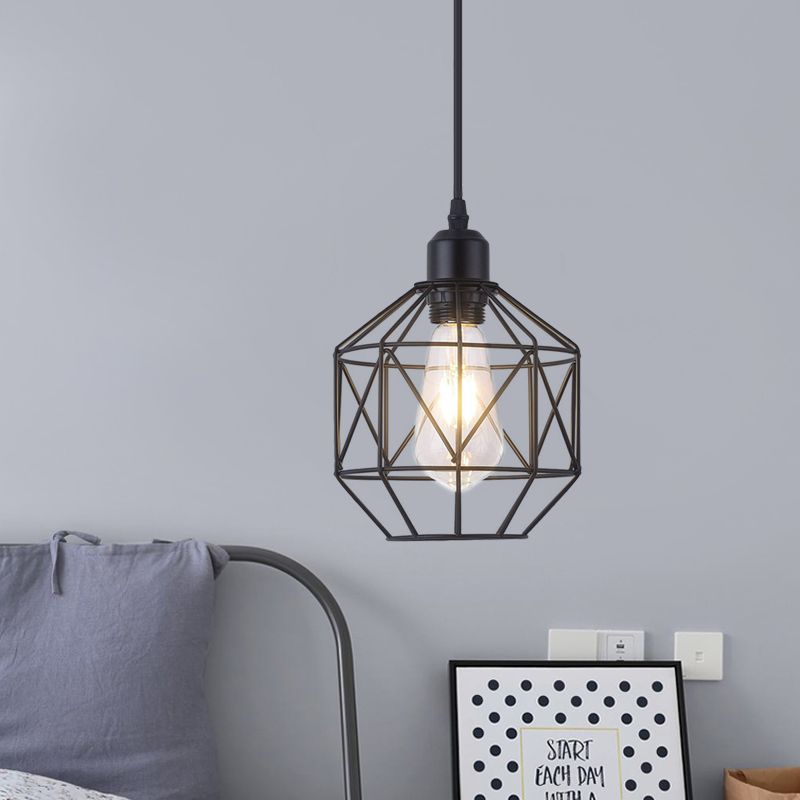 Prism Cage Iron Pendant Light Industrial Style 1 Head Dining Room Down Lighting in Black