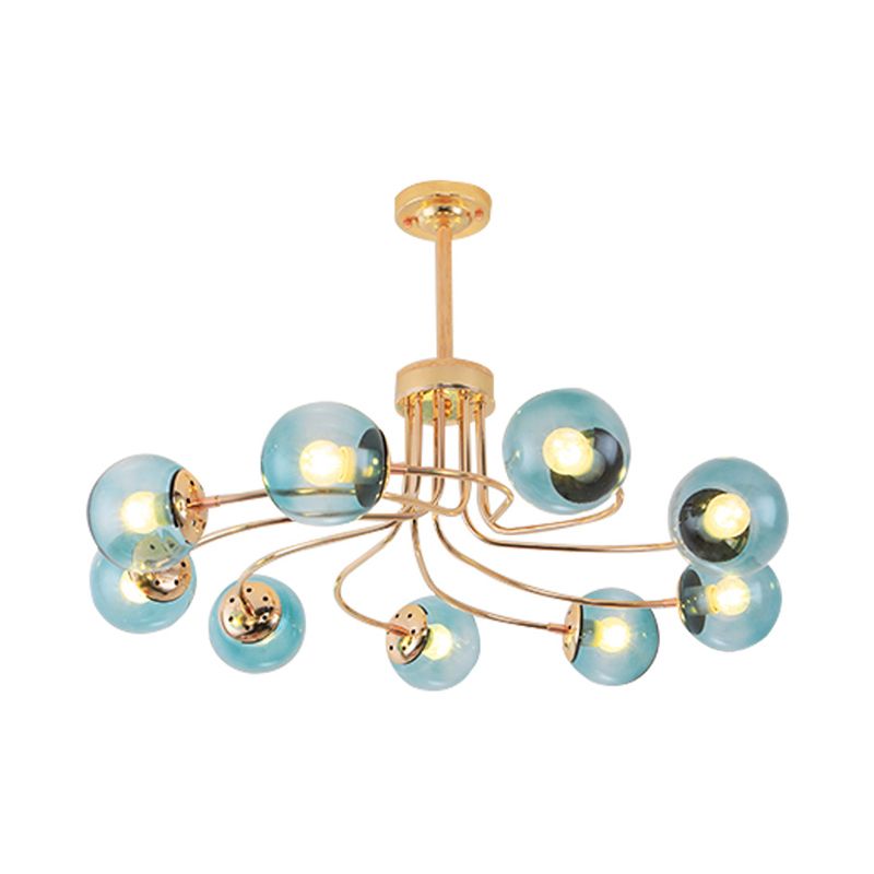 Round Ceiling Chandelier Modern Style Blue/Amber Glass 9 Lights in Gold/Black Hanging Lamp Kit