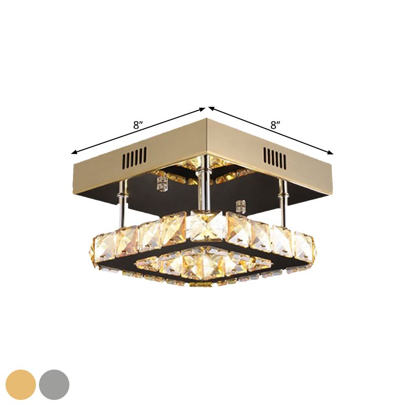 LED Square Ceiling Lamp Modern Gold/Stainless-Steel Clear Faceted Crystal Blocks Semi Flush Mount in White/Warm Light