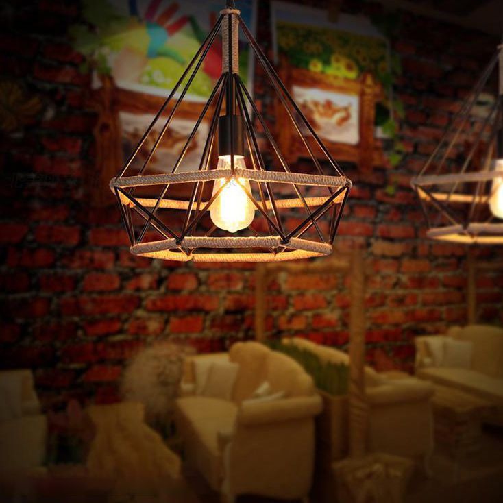 Rope Diamond Pendant Light Fixture Industrial Restaurant Pendant Light Kit in Beige