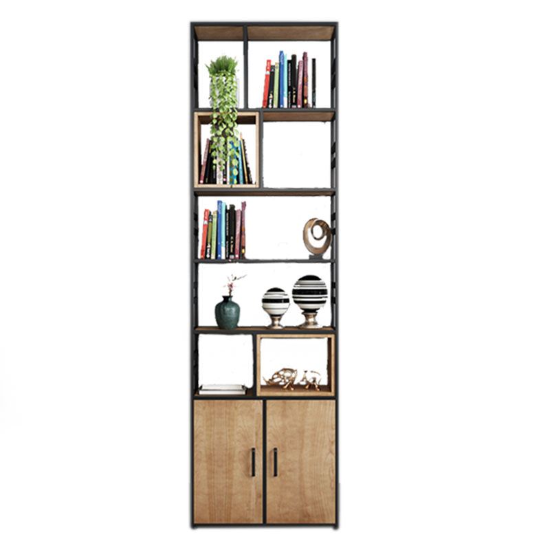 Modern Metal Bookcase Black Geometric Open Shelf Bookshelf with Doors