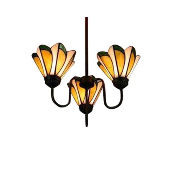 Yellow Conical Hanging Light 3 Heads Tiffany Traditional Stained Glass Ceiling Pendant for Hotel