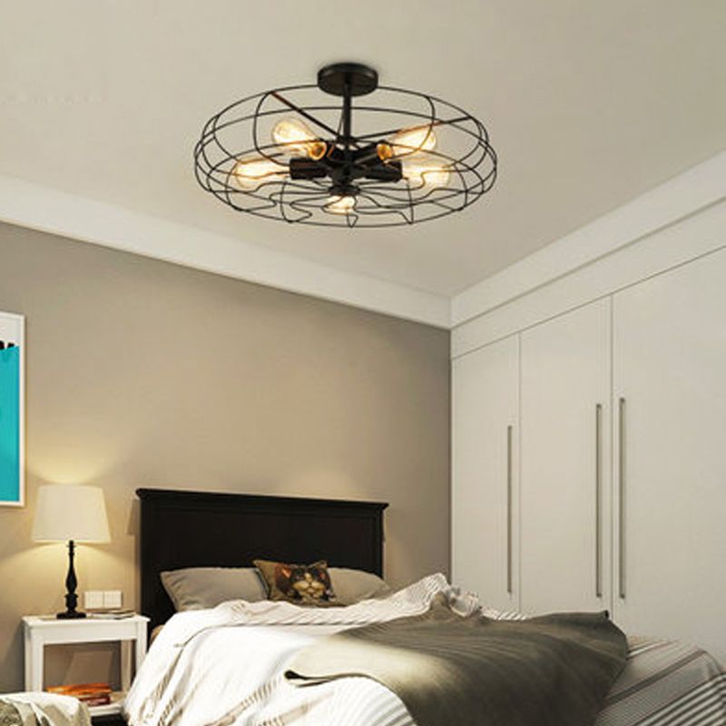 Iron Wire Round Suspension Lamp Industrial 5-Head Bedroom Chandelier Light in Black