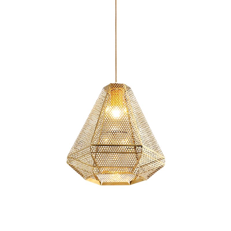 Colonial Cutout Diamond Suspension Light 1-Bulb Stainless Steel Down Lighting Pendant in Gold
