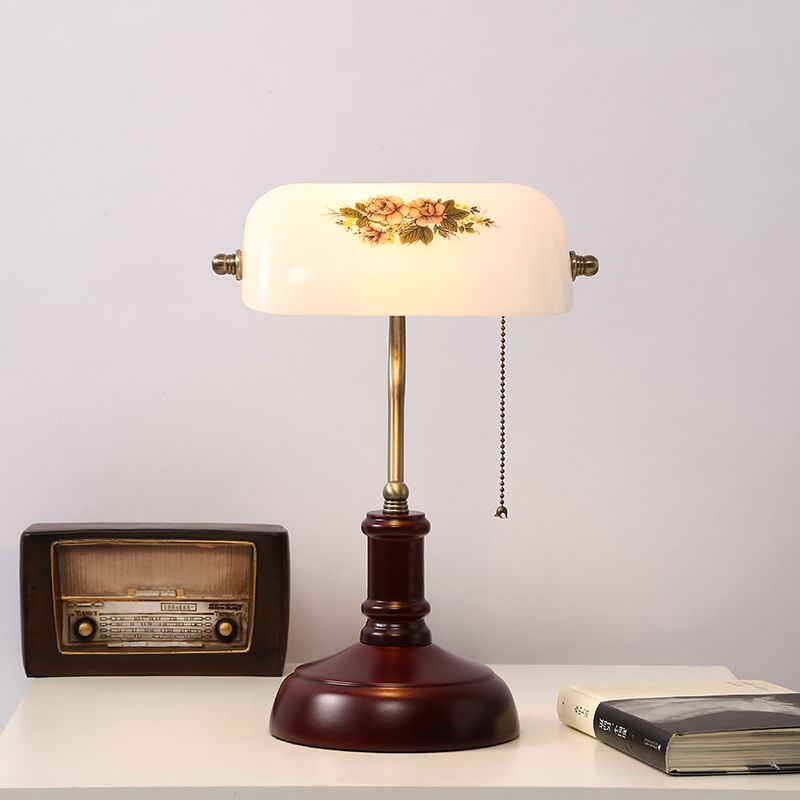 Single Half Oblong Pull-Chain Table Lamp Pastoral Style White Glass Night Stand Light for Bedside