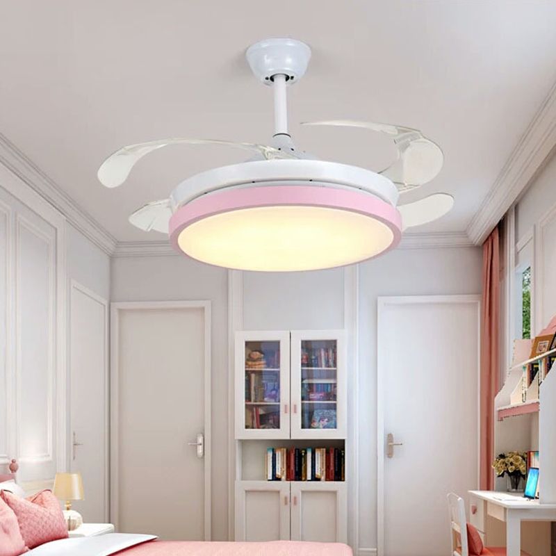 Circular Acrylic Semi Flush Ceiling Lamp Modern Pink/Blue/Yellow 42.5" W LED Hanging Pendant Fan Light for Bedroom with 4 Clear Blades