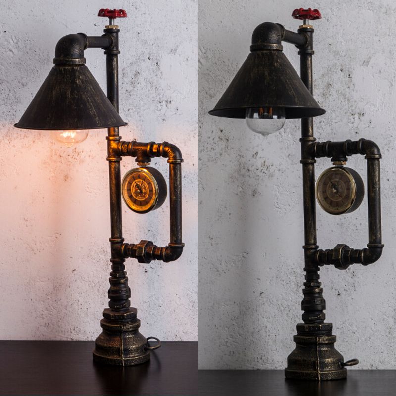 Conic Metal Shade Table Lamp Industrial Style 1 Light Bedroom Table Light with Red Valve and Clock Deco in Bronze