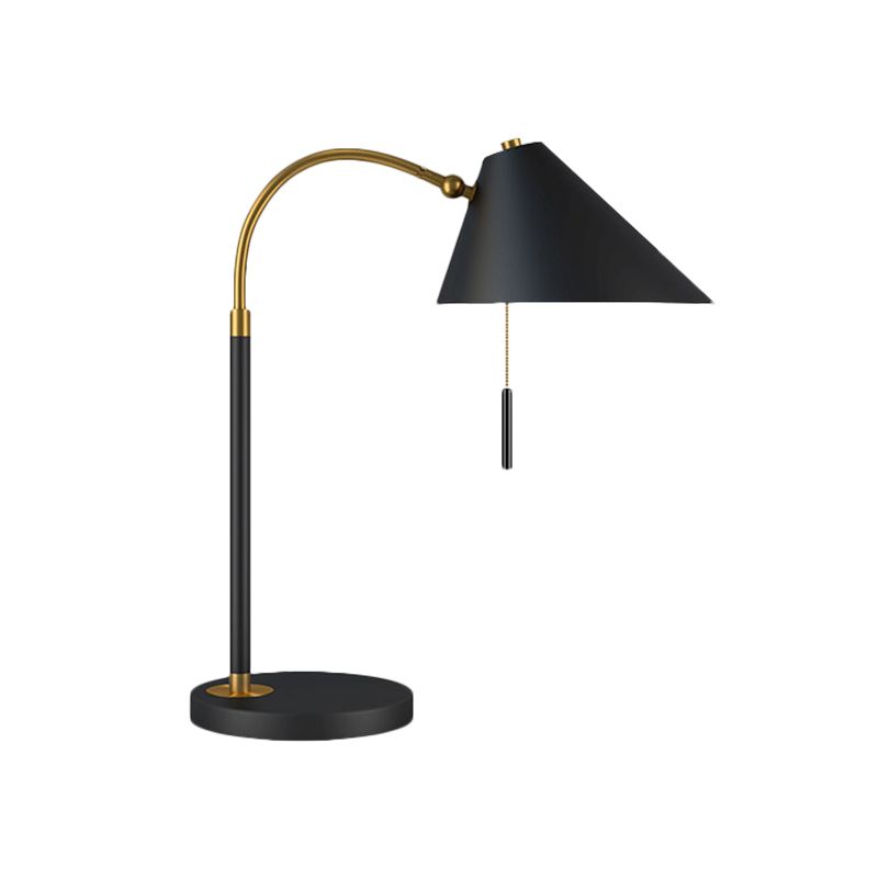 Minimal 1 Bulb Night Table Light Black/White Conic Pull Chain Nightstand Lamp with Metal Shade