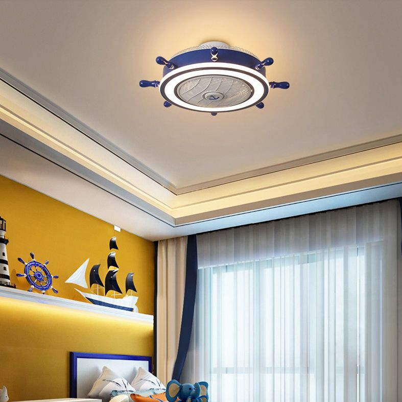 Éclairage de ventilateur de gouvernail bleu marine Méditerranéen LED acrylique Semi Flush Mount Plafond Light for Boys Room