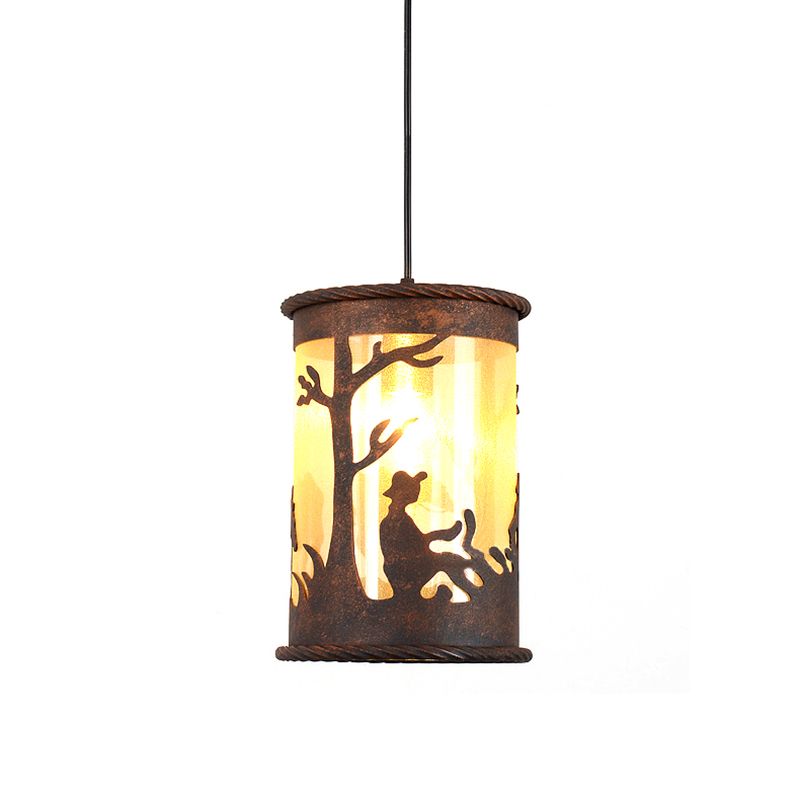 1 Light Cylinder Pendant Lighting Fixture Vintage Rust Metal Hanging Ceiling Light with Fabric and Art Design