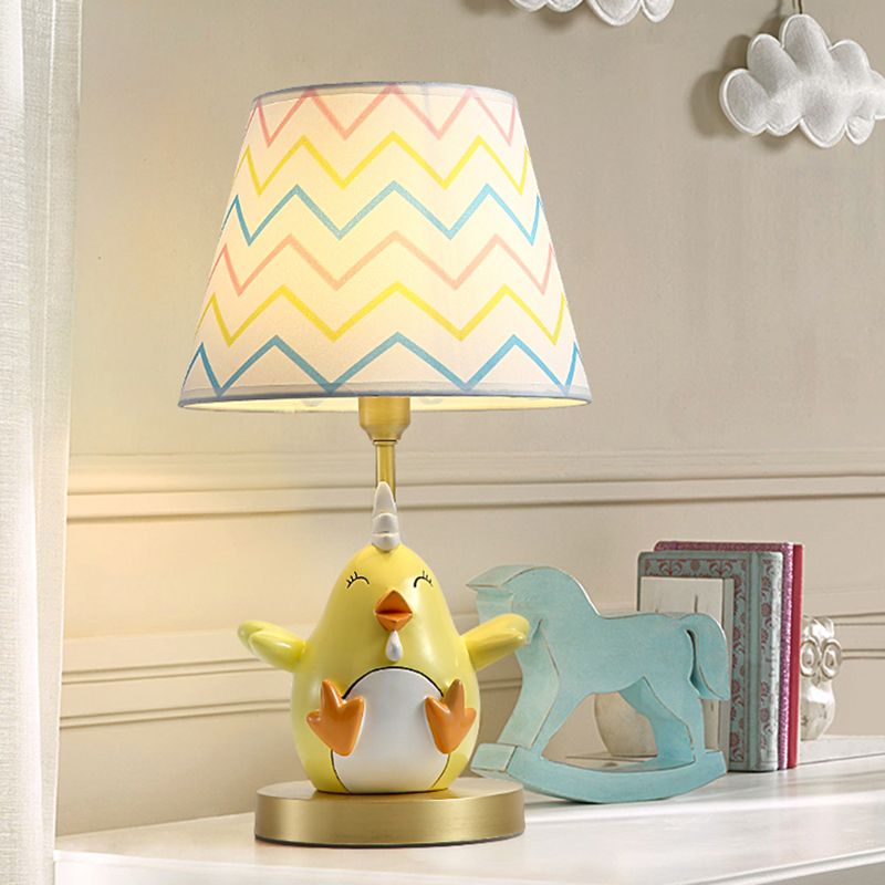 Cartoon Chicken Nightstand Lamp Resin Single-Bulb Bedside Table Light with Tapered Fabric Shade