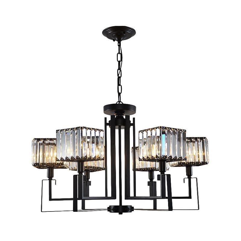 6/8 Heads Crooked Metal Frame Hanging Light Modern Black Clear Crystal Cubic Shade Chandelier Lighting