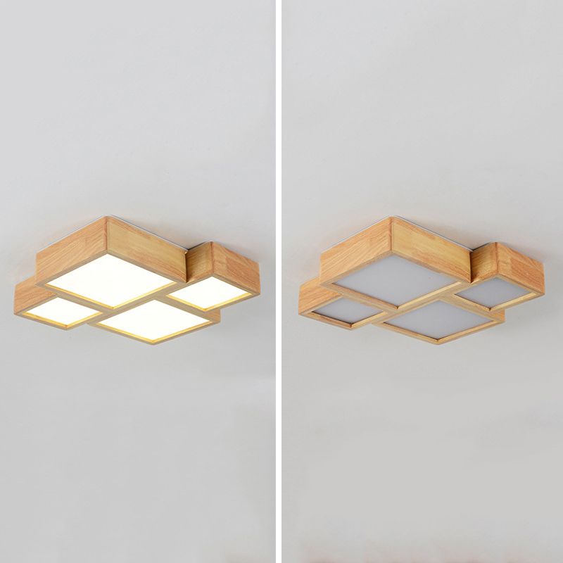 Modern Style Square Shape Flush Mount 4-Lights Wood Ceiling Light for Bedroom