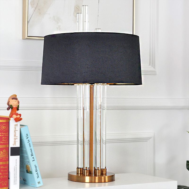 Fabric Black Table Light Round 1 Light Traditional Nightstand Lighting with Clear Glass Column Base